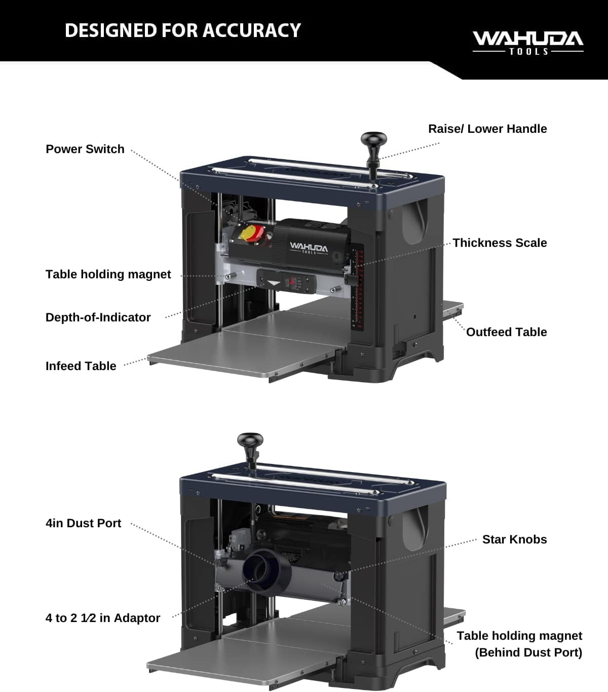 Wahuda Tools Cepilladora de cabeza de corte en espiral de 13" con puntas de carburo de 4 lados (velocidad única - nuevo)