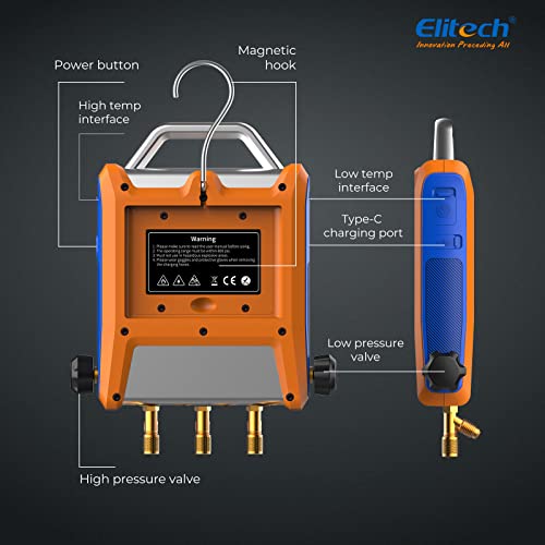 Elitech EMG-20V inteligente HVAC Digital Manifold Gauge tres puertos con sensor de vacío termómetro abrazaderas mangueras