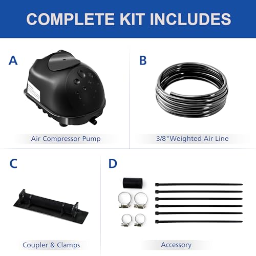 Kit de aireación y aireación de estanque, kit de bomba de aire de estanque séptico para estanques de hasta 8000 galones, sistema de aireación de estanque todo en uno, línea de aire ponderada