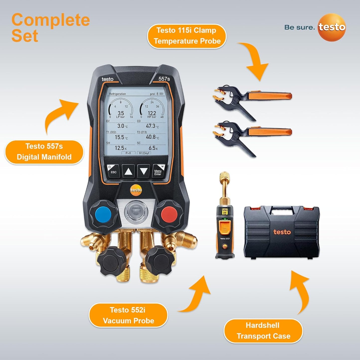 Testo - Kit automotriz 550i con colector digital operado vía aplicación, abrazadera de tubo, termómetro para aire acondicionado, sistemas de refrigeración, bombas de calor y Bluetooth