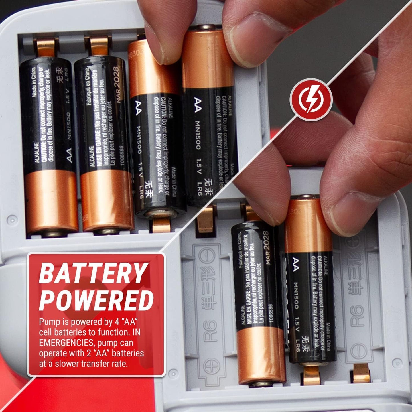 TERA PUMP TRJ5XLR - Bomba de transferencia de combustible de parada automática con batería AA con lata automotriz de 5 galones, manguera de 3.25 pies de largo (velocidad de transferencia de 2.3 GPM)