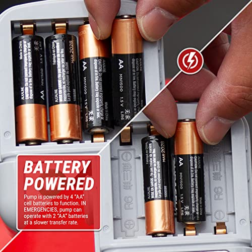 TERA PUMP TRJ5XLR - Bomba de transferencia de combustible de parada automática con batería AA con lata automotriz de 5 galones, manguera de 3.25 pies de largo (velocidad de transferencia de 2.3 GPM)