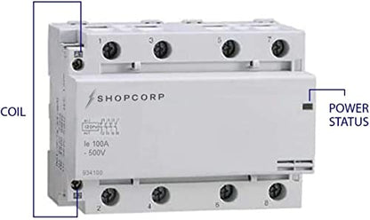 Contactor IEC de 500 V (modelo delgado) de 100 amperios 4 polos, bobina de 110/120 VAC, carga del motor 60 A y carga de iluminación 100 A, incluye riel DIN de aluminio de 35 x 203,20 mm y tornillos Phillips 2#10