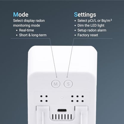 Ecosense EB100 EcoBlu, detector digital de radón, rápido y preciso, monitoreo a corto y largo plazo, pantalla LED de tamaño completo, fácil de usar