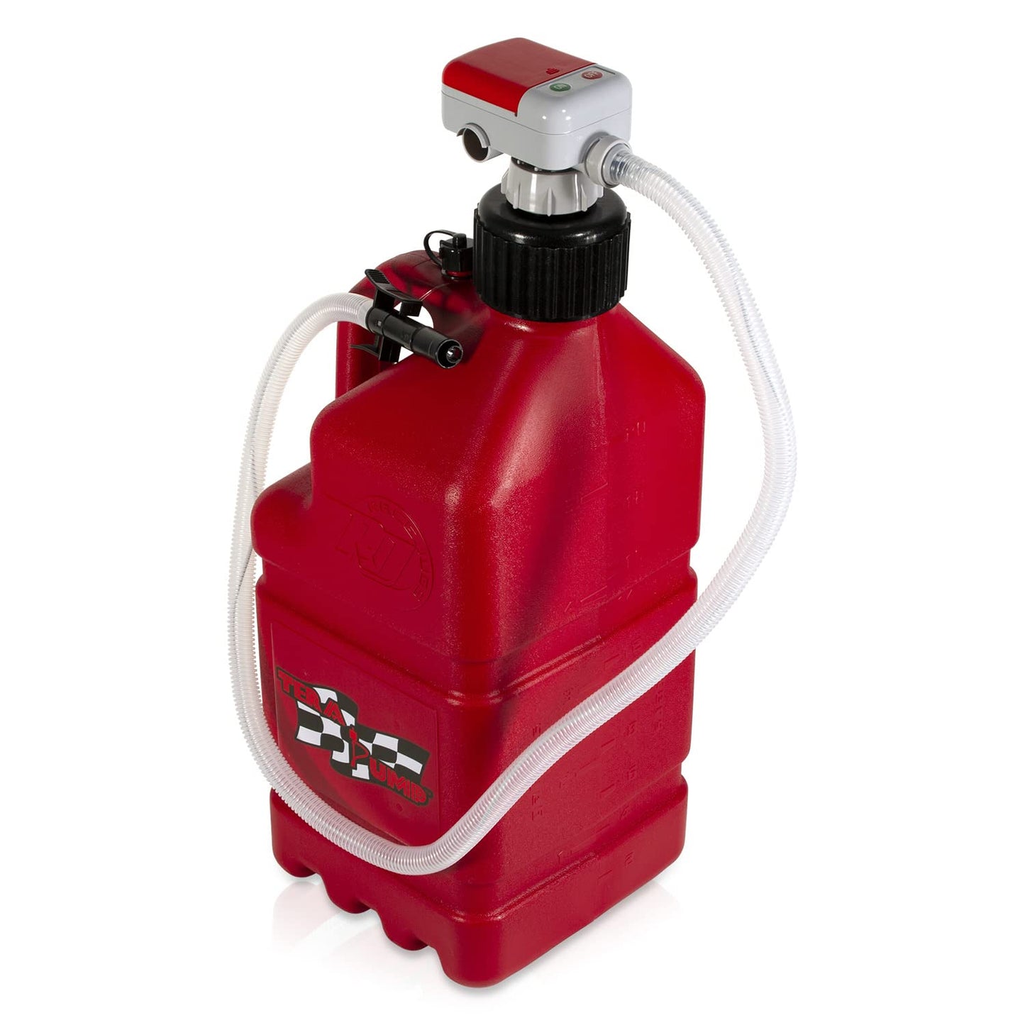TERA PUMP TRJ5XLR - Bomba de transferencia de combustible de parada automática con batería AA con lata automotriz de 5 galones, manguera de 3.25 pies de largo (velocidad de transferencia de 2.3 GPM)