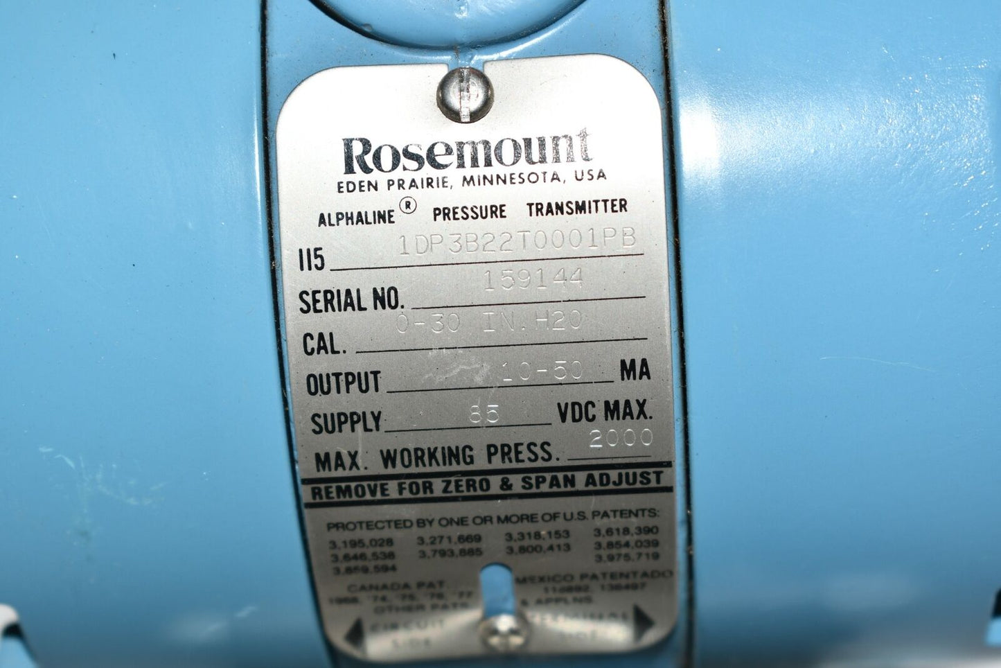 Rosemount 1151DP3B22T0001PB Differential Pressure Transmitter 0-30in-h2o 85v