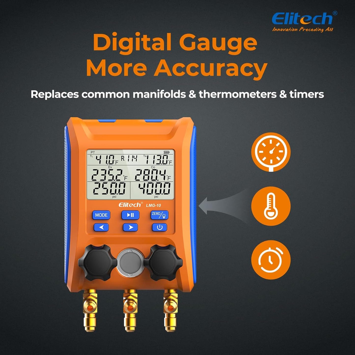 Elitech EMG-20V inteligente HVAC Digital Manifold Gauge tres puertos con sensor de vacío termómetro abrazaderas mangueras