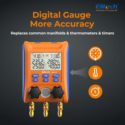 Elitech EMG-20V inteligente HVAC Digital Manifold Gauge tres puertos con sensor de vacío termómetro abrazaderas mangueras