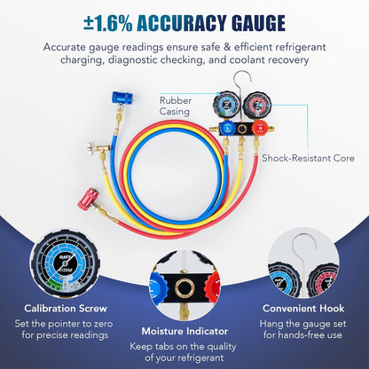 Orion Motor Tech Bomba de Vacío de CA con Manómetros, Bomba de Vacío de 4.5cfm y Juego de Manómetros de Colector de 4 Vías con Detector de Fugas para Refrigerante R134a, R22 o R410a (4.5 CFM&4 Way)