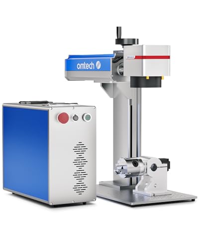 OMTech Grabador láser de fibra de 50 W con eje rotativo, máquina de grabado láser compatible con LightBurn con puntero de punto rojo, máquina de grabado de marcado láser de estado sólido de 7.9 x 7.9 para joyas de oro de acero metálico