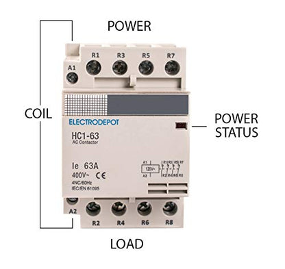 Electrodepot - Contactor IEC 400V (funcionamiento silencioso, 4 polos, 40 A, bobina 110/120 VAC, inductivo 20 A, resistivo 40 A, con base de montaje para carril DIN)