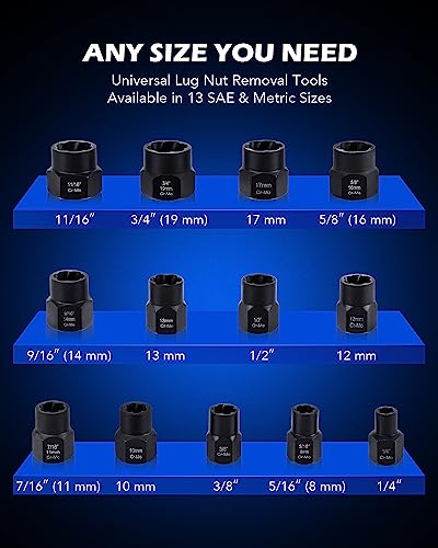 OMT Juego de herramientas de extracción de tuercas y pernos, kit de herramientas de extracción de tuercas y pernos dañados, juego de llaves extractoras de pernos de tuerca en 13 tamaños SAE y métricos para unidad de 3/8 pulgadas con estuche