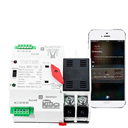 Control WiFi ATS W2R Switch Mini interruptor de transferencia automática de doble potencia de 2 fases, controlador montado en riel DIN, generador de espera de doble potencia 220 V 240 V interruptor de cambio (2P 100 amperios sin apagado)