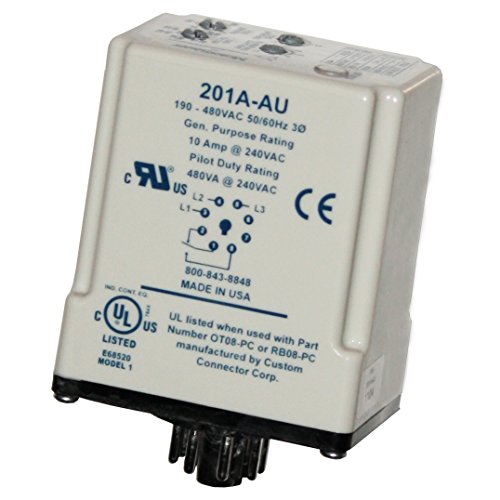 Symcom MotorSaver Monitor de voltaje trifásico, modelo 201A-AU, 190-480V, punto de viaje variable, retraso de reinicio, retraso de viaje y desequilibrio de voltaje, base octal de 8 pines