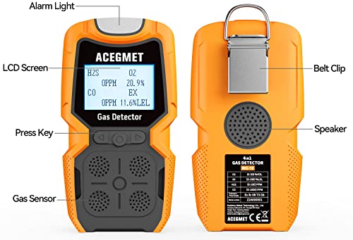 ACEGMET 4 Monitor de gas múltiple indicador (vibración, audible, visual) H2S, O2, CO y LEL 4 Monitor de gas personal recargable 4 medidores de gas 2 años de vida del sensor, olfatador de gas