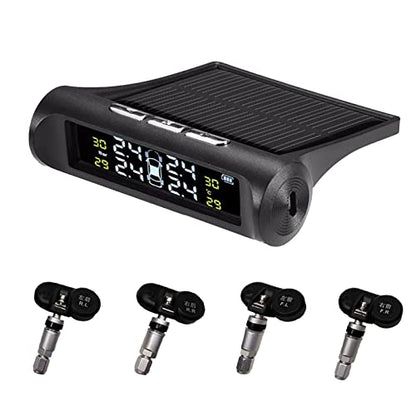 Sistema de monitoreo de presión de neumáticos, monitor TPMS inalámbrico de energía solar con 4 sensores externos o internos, pantalla LCD, alarma en tiempo real, temperatura de presión para furgonetas, camiones y coches (con sensor interno)