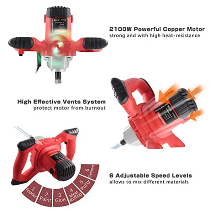 2100W eléctrico de mano de hormigonera,portátil mezcladora de cemento taladro agitador con varilla para mezclar lechada pintura mortero yeso,ajuste de 6 velocidades 110V(Certificado por UL)