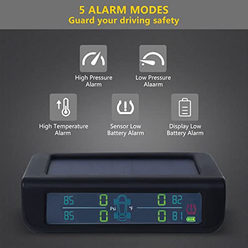 BACKVOLT - Sistema de monitoreo de presión de neumáticos, 4 sensores internos de 0-50 PSI/0-3.5 bar, sistema TPMS, cargador solar, 5 modos de alarma, visualización LCD, modo de reposo automático, inalámbrico, inteligente en tiempo real para automóviles