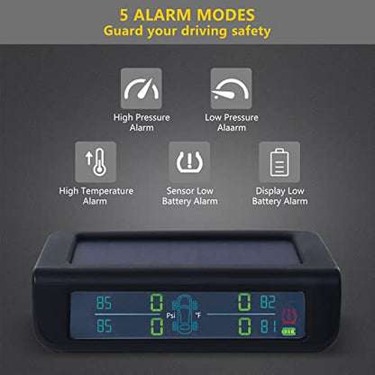 BACKVOLT - Sistema de monitoreo de presión de neumáticos, 4 sensores internos de 0-50 PSI/0-3.5 bar, sistema TPMS, cargador solar, 5 modos de alarma, visualización LCD, modo de reposo automático, inalámbrico, inteligente en tiempo real para automóviles