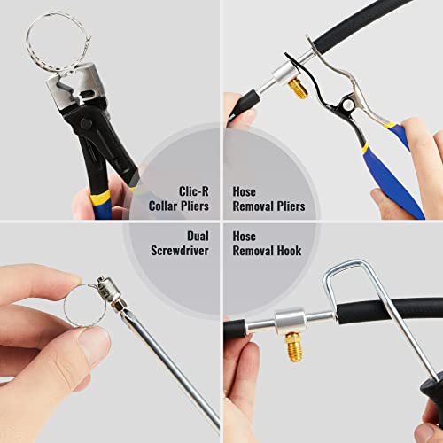 OMT 9 alicates de abrazadera de manguera para mangueras de combustible, aceite y agua, kit de extracción de abrazadera de manguera de largo alcance automotriz con alambre flexible Clic R tipo mordaza giratoria caja de alicates de banda plana, azul
