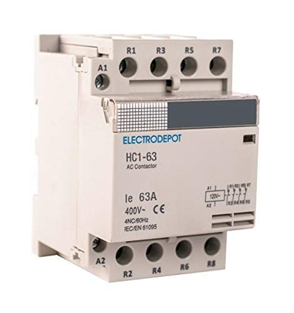 Electrodepot - Contactor IEC 400V (funcionamiento silencioso, 4 polos, 40 A, bobina 110/120 VAC, inductivo 20 A, resistivo 40 A, con base de montaje para carril DIN)