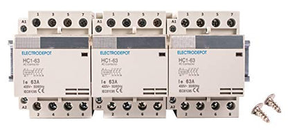 Electrodepot 40 Amp 12 polos (4 polos x 3) Bobina normalmente abierta, 110-120 VCA (funcionamiento silencioso), carga del motor 40 A y carga de iluminación 63 A paquete de contactor con carril DIN de 8 cm y 2 tornillos número 10