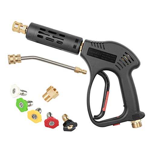 CHAVOR - Pistola corta para lavadora a presión, 5 puntas de boquilla, varilla curvada de extensión de 18 cm, ajuste M22, reemplazo de agua caliente y fría, 5,000 PSI