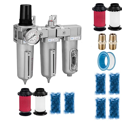 NANPU Sistema de secado de aire NPT de 3/4 pulgadas de grado industrial de 3 etapas con repuesto de elemento de filtro de 5 micras (etapa 1, blanco), reemplazo de elemento de filtro de 0.01 micras (etapa 2, rojo), cuentas desecantes