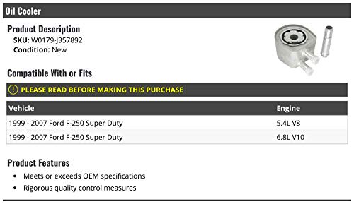 Enfriador de aceite de motor compatible con Ford F-250 Super Duty 1999-2007 5.4L V8, 6.8L V10
