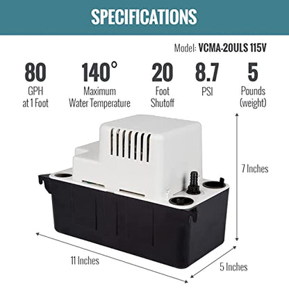 Little Giant VCMA-15ULS 554405 VCMA Series Bomba de eliminación automática de condensado, 1/30-HP, Tala Única, N/A