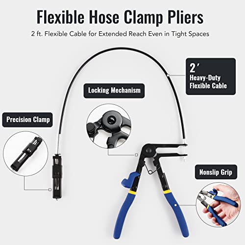 OMT 9 alicates de abrazadera de manguera para mangueras de combustible, aceite y agua, kit de extracción de abrazadera de manguera de largo alcance automotriz con alambre flexible Clic R tipo mordaza giratoria caja de alicates de banda plana, azul
