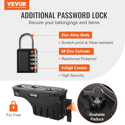 VEVOR Truck Bed Storage Box, Swing Case Fits Ford F-150 2015-2021, Passenger Side, Lockable Wheel Well Tool Box with Password Padlock, Waterproof and Durable ABS Tool Box