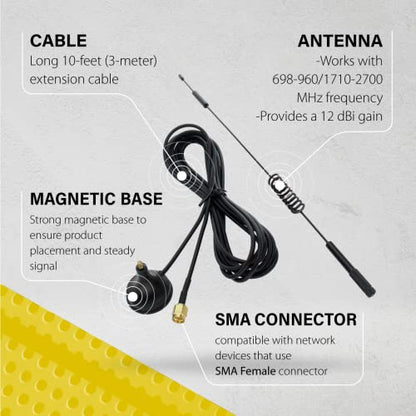 Antena omni de resorte direccional GSM con conector macho SMA, cable de 3 pies y base magnética, bandas 3G 4G LTE, ganancia de 12 dBi y 698-960/1710-2700 MHz