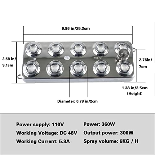 Humidificador ultrasónico de 10 cabezales para nebulización, 300 W, 6 KG/H, humidificador de aire con transformador, accesorios para agricultura escénica industrial, invernadero, hidroponía, jardín, césped, estanque