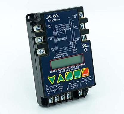 ICM Controls ICM450 Monitor trifásico, memoria de 25 fallos, configuración y diagnóstico de LCD, identificación de fallos (paquete único)