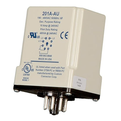Symcom MotorSaver Monitor de voltaje trifásico, modelo 201A-AU, 190-480V, punto de viaje variable, retraso de reinicio, retraso de viaje y desequilibrio de voltaje, base octal de 8 pines