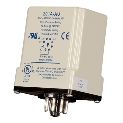 Symcom MotorSaver Monitor de voltaje trifásico, modelo 201A-AU, 190-480V, punto de viaje variable, retraso de reinicio, retraso de viaje y desequilibrio de voltaje, base octal de 8 pines