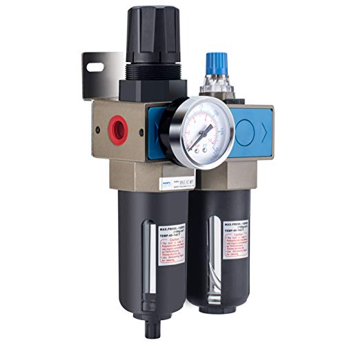 NANPU Lubricador regulador de filtro de aire comprimido NPT de 1/4" (FRL), elemento de latón de 5 micrones, calibre de 0-150 psi, drenaje manual, soporte de metal