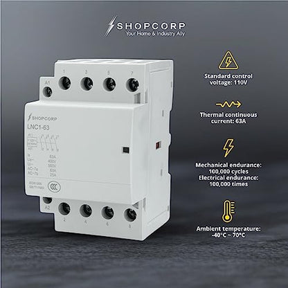 Contactor IEC de 400 V (funcionamiento silencioso) – Bobina de 110/120 VAC, carga del motor 40 A, carga de iluminación 63 A, incluye 35 x 152,40 mm acero zinc DIN y tornillos Phillips 2#10