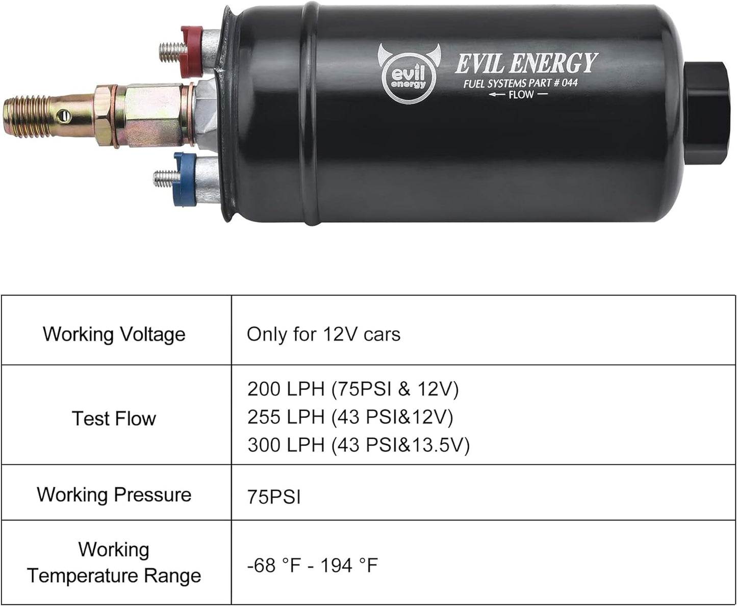 EVIL ENERGY External Inline Fuel Pump Electric 300LPH High Flow 12V Universal