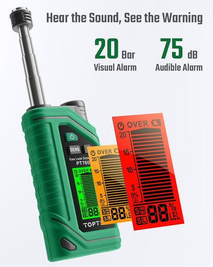 Detector de gas natural recargable PT760, detector de fugas de gas con sonda extensible de 12 pulgadas, detector de fugas de propano % LEL con linterna incorporada para metano, butano, gas