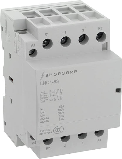 Contactor IEC de 63 amperios, 4 polos, 2NO 2NC, 110 V – 40 amperios, uso general para uso doméstico e industrial con rieles DIN