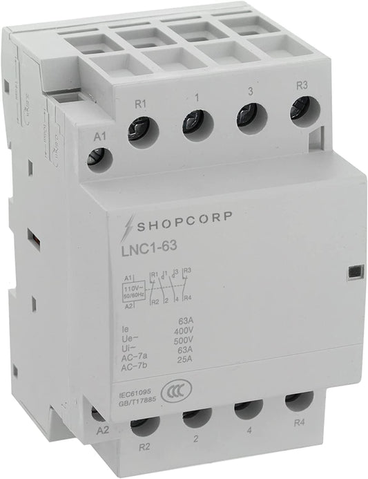 Contactor IEC de 63 amperios, 4 polos, 2NO 2NC, 110 V – 40 amperios, uso general para uso doméstico e industrial con rieles DIN