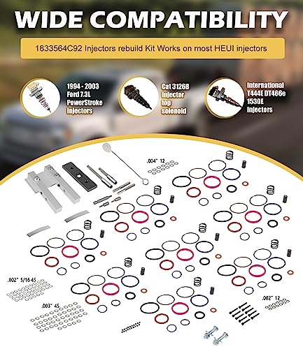 Kit de reconstrucción de inyector Powerstroke de 7,3 L 1833564C92 inyector Tune Up Shim Kit con junta tórica abrazadera de vice y herramientas especiales y resortes para inyectores Powerstroke HEUI de 7,3 L
