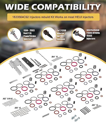 Kit de reconstrucción de inyector Powerstroke de 7,3 L 1833564C92 inyector Tune Up Shim Kit con junta tórica abrazadera de vice y herramientas especiales y resortes para inyectores Powerstroke HEUI de 7,3 L