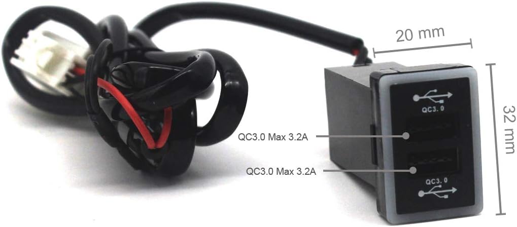 Toma de corriente USB dual para Toyota QC3.0, cargador de coche de carga rápida, adaptador USB para smartphone/iPad/PDA y más, salida máxima de 6.4 A (1.260 x 0.787 in)