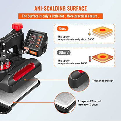 VEVOR Prensa de calor, 12 x 15 pulgadas, impresora multifuncional de concha 11 en 1, máquina digital de transferencia de calor de doble tubo, máquina de sublimación oscilante para camiseta, sombrero, tapa, taza, placa, bolígrafo, zapatos, negro