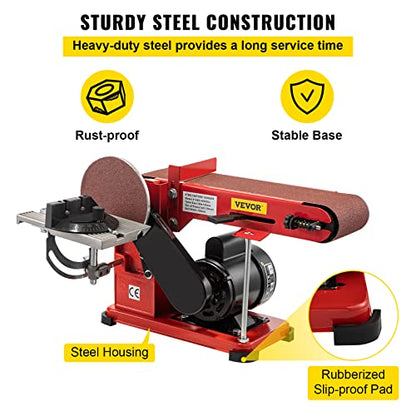 VEVOR Lijadora de correa de 4 x 36 pulgadas, lijadora combinada de discos de 6 pulgadas, lijadora eléctrica ajustable de 375 W, máquina de lijado de banco con 4 almohadillas de goma para pies
