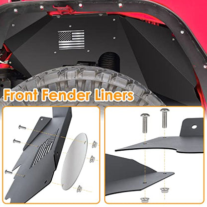 Forros de guardabarros interiores delanteros y traseros para Jeep Wrangler JK JKU 2007-2018 4WD con logotipo de la bandera de Estados Unidos, protectores ligeros de aluminio (negro)