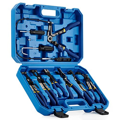 OMT 9 alicates de abrazadera de manguera para mangueras de combustible, aceite y agua, kit de extracción de abrazadera de manguera de largo alcance automotriz con alambre flexible Clic R tipo mordaza giratoria caja de alicates de banda plana, azul